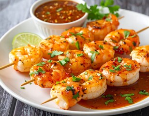 Grilled shrimp skewers with dipping sauce and garnish