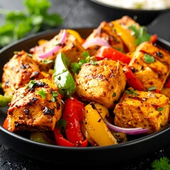 Grilled paneer cubes with colorful bell peppers and onions