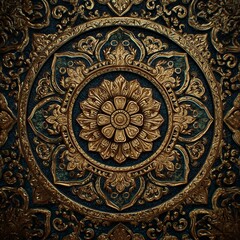 Fototapeta premium Luxurious Golden Floral Medallion with Ornate Patterns on Dark Teal Background