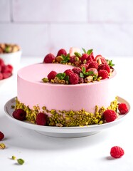 Pink cake decorated with pistachios and berries