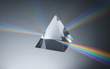 A Clear Glass Prism Hanging in Mid Air Demonstrating the Scientific Phenomenon of Light Dispersion Creating a Spectrum of Colors on a Gray Background
