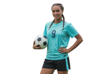 Young woman soccer player holding ball isolated on transparent background