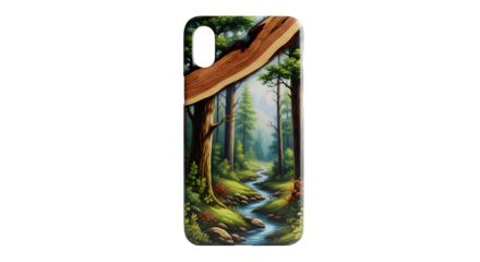 Phone case with a forest scene isolated on transparent background with stream