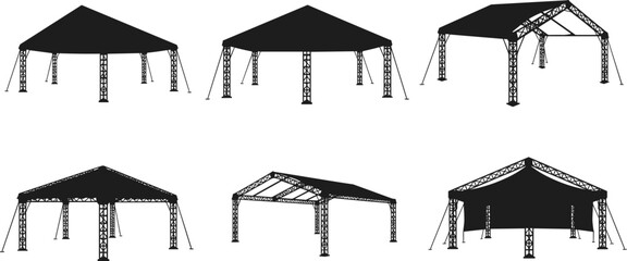 Tent silhouette vector, canopy structure icons, outdoor shelter designs, event pavilion shapes, temporary roof illustration, black and white architectural elements