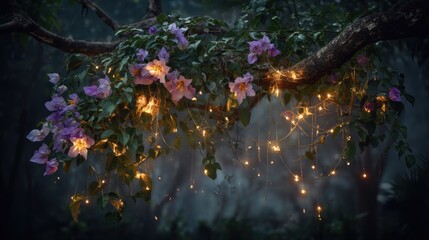 Enchanting glow of floral lights in a mystical forest nature photography serene environment dreamy perspective
