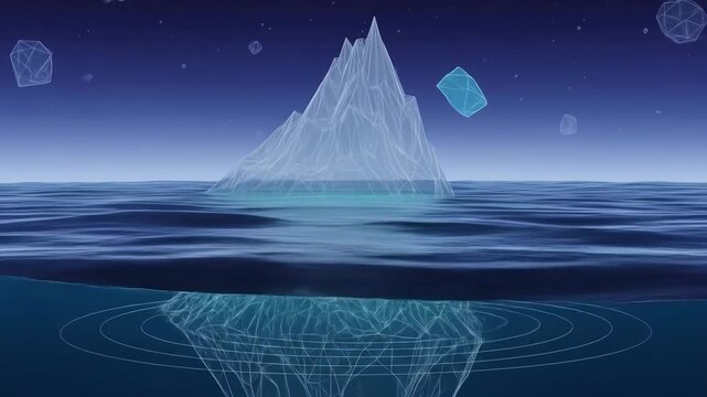 Polygonal iceberg floats, submerged mass creating ripples on the ocean floor