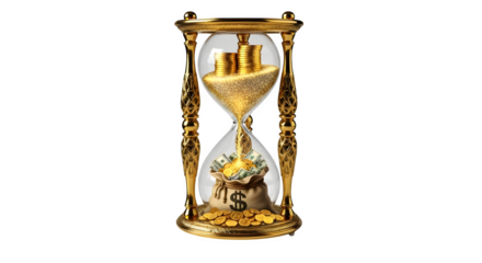 Golden hourglass filled with coins and money bag isolated on transparent background