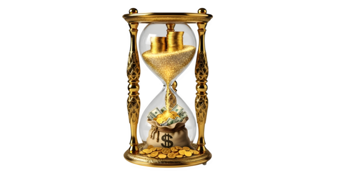 Golden hourglass filled with coins and money bag isolated on transparent background
