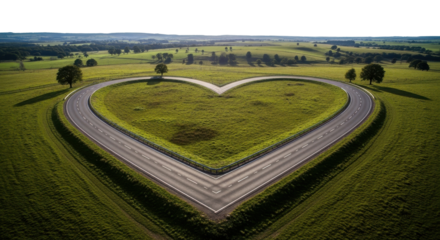 Aerial view of a heart shaped road across expansive green fields symbolizing love and travel isolated PNG with Transparent Background