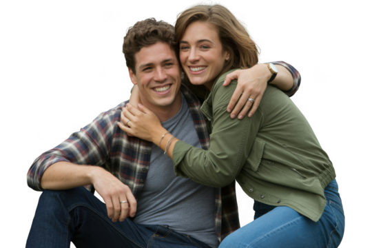Young couple hugging and smiling isolated on transparent background