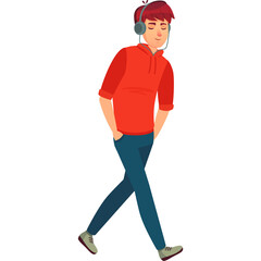 Young Man Wearing Headphones and Red Hoodie Walking with Hands in Pockets Enjoying Music with Closed Eyes on Transparent Background