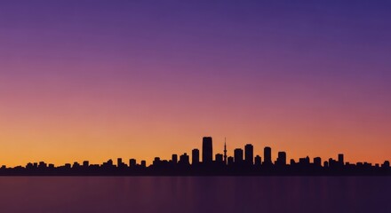 Obraz premium Atmospheric panorama of a metropolitan skyline silhouetted against a magnificent sunset sky with a smooth gradient of purple and orange