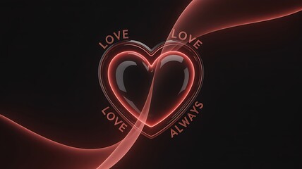 A Glowing Heart Symbol Embodying Eternal Love and Devotion With Elegant Red Ribbons Flowing Around It On a Dark Background