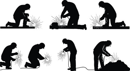 Welders silhouettes performing arc welding, MIG welding, TIG welding, spot welding, safety helmets, sparks flying, protective gear, workshop scenes, industrial precision