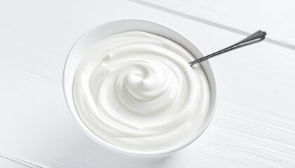 A White Bowl Filled with Creamy Yogurt with a Spoon on a White Wooden Surface with Natural Light