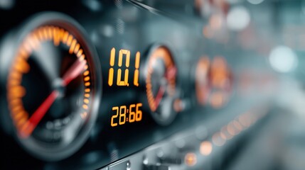 Digital Dashboard Display with Gauges and Bright Indicators Reflecting Speed and Performance Measurement for Vehicles and Machinery