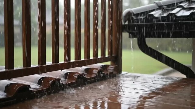 Rainy Weather on Wooden Deck with Brown Railing and Dark Gutter System Reflective Water Droplets Splashing during Overcast Day Exterior Setting Showcasing Storm Season Ambiance