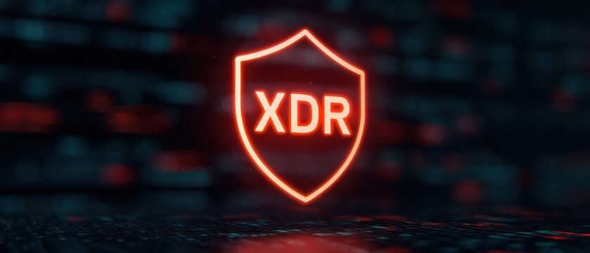 Extended Detection and Response Concept. XDR technology shield glowing in digital environment, representing advanced cybersecurity solutions and protection against threats