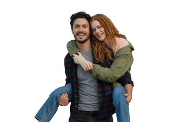 Young couple having fun piggyback ride isolated on transparent background