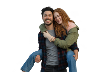 Young couple having fun piggyback ride isolated on transparent background
