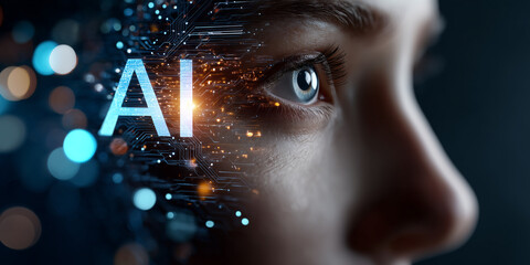 3D rendering of an AI head with the letters "AI" glowing inside, filled with circuitry and data streams. The background is dark blue with bokeh lights creating depth.