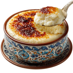 Classic Sütlaç (Turkish Rice Pudding) Served in Ceramic Bowl with Spoon Scooping Creamy Interior, Isolated on Transparent Background
