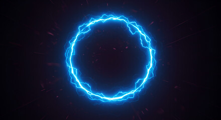 Obraz premium Electric blue circle with lightning effects and sparkling particles on dark background