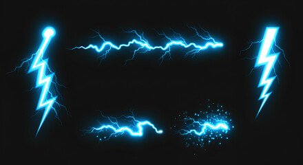 Dynamic blue lightning bolts collection on black background for design elements