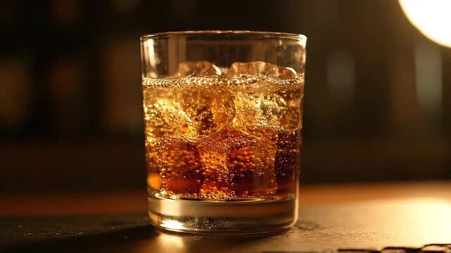 Refreshing Bubbly Soda with Ice Cubes in Clear Glass Dark Background  A Cold Carbonated Soft Drink for Social Gatherings Parties and Refreshments at Beverage Promotion 198 characters
