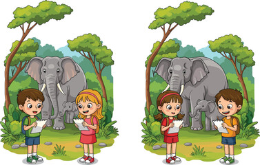 PrintCute children reading together in jungle with elephant family, educational wildlife illustration, forest learning adventure for kids, nature conservation scene