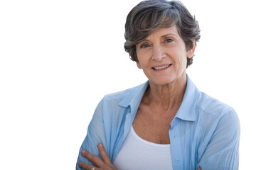 Smiling older woman with arms crossed isolated on transparent background