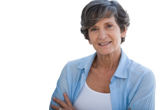 Smiling older woman with arms crossed isolated on transparent background