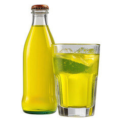 High-Detail Bottle and Glass of Inca Kola Side by Side, Isolated On Transparent Background