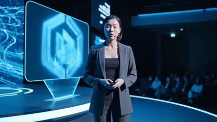 Businesswoman Delivers a Presentation on a Futuristic Stage with a Holographic Screen.