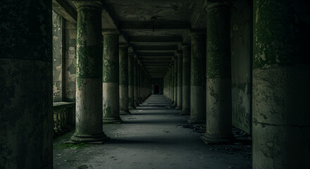 Mysterious colonnade in an abandoned architectural setting with weathered columns