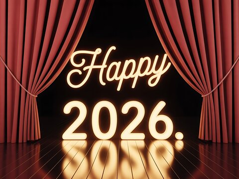 Grand theatrical opening ceremony celebrates the arrival of the new year 2026 with illuminated neon text and elegant red curtains revealing the date in a dramatic stage presentation