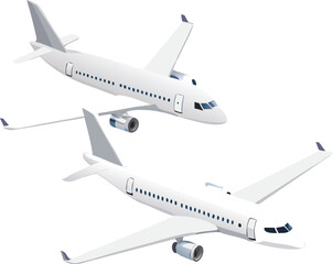 Isometric view of two commercial passenger airplanes in white color scheme