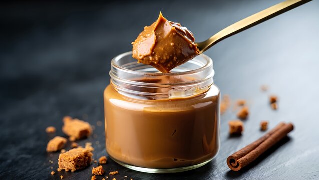 Glossy Scoop of Creamy Speculoos Spread in Elegant Jar, Crumbled Cookies & Cinnamon on Slate