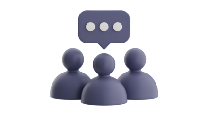 Three figures standing beneath a speech bubble with three dots on a black background