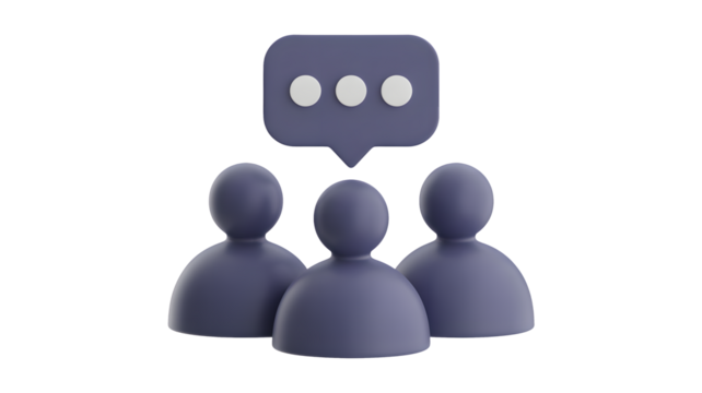 Three figures standing beneath a speech bubble with three dots on a black background