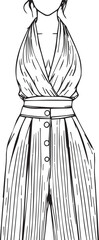 Fashion Jumpsuit Sketch Vector Line Art: Halter Neck, Button Front, and Wide Leg Design