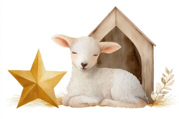 Cute Lamb Resting Beside Golden Star and Wooden Barn in Pastel Colors for Holiday Theme and Nursery Decor