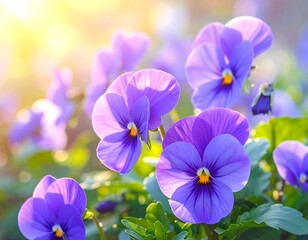 Purple Pansies in Sunlight - A Vibrant Floral Display.