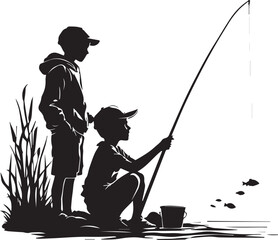 Black and white vector illustration of two children fishing by the water in serene outdoor silhouette scene