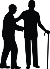 Silhouettes of two men one assisting the other with a cane