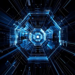 Abstract Futuristic Neon Blue Digital Tunnel With Geometric Shapes And Glowing Lights Background