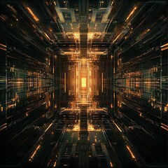 Abstract Digital Tunnel With Golden Orange Light And Futuristic Circuit Board Patterns