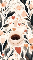 Cozy Coffee Cup Surrounded By Delicate Floral Patterns And Hearts On A Textured Background