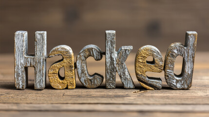 Word hacked from rustic wooden letter. cybersecurity concept of hacking attack, system breach, data threat, and online ransom vulnerability