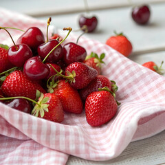 a close up shot of ripe cherries and strawberries